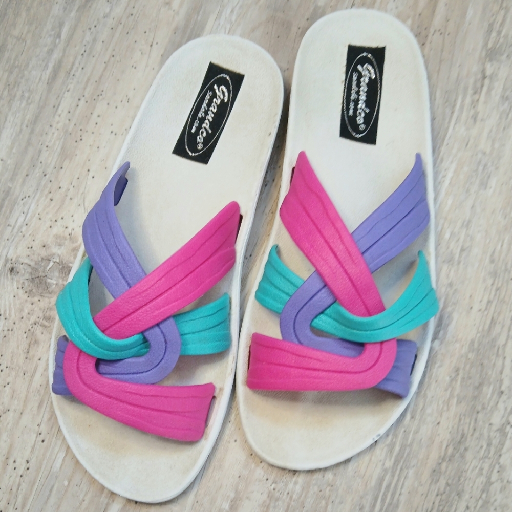Grandco Women’s Slides Size 5 – Colorful Twisted Strap Pink Purple Teal